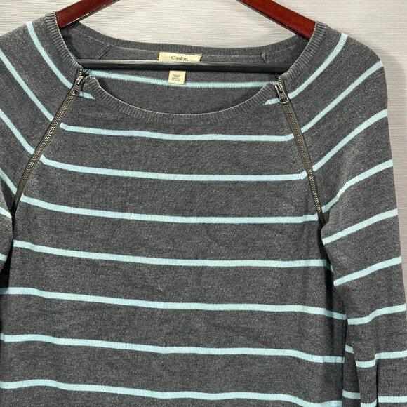 Caslon Sweater Womens Small Tunic Gray Cotton Stripe Pockets Zip Neck - Picture 2 of 11